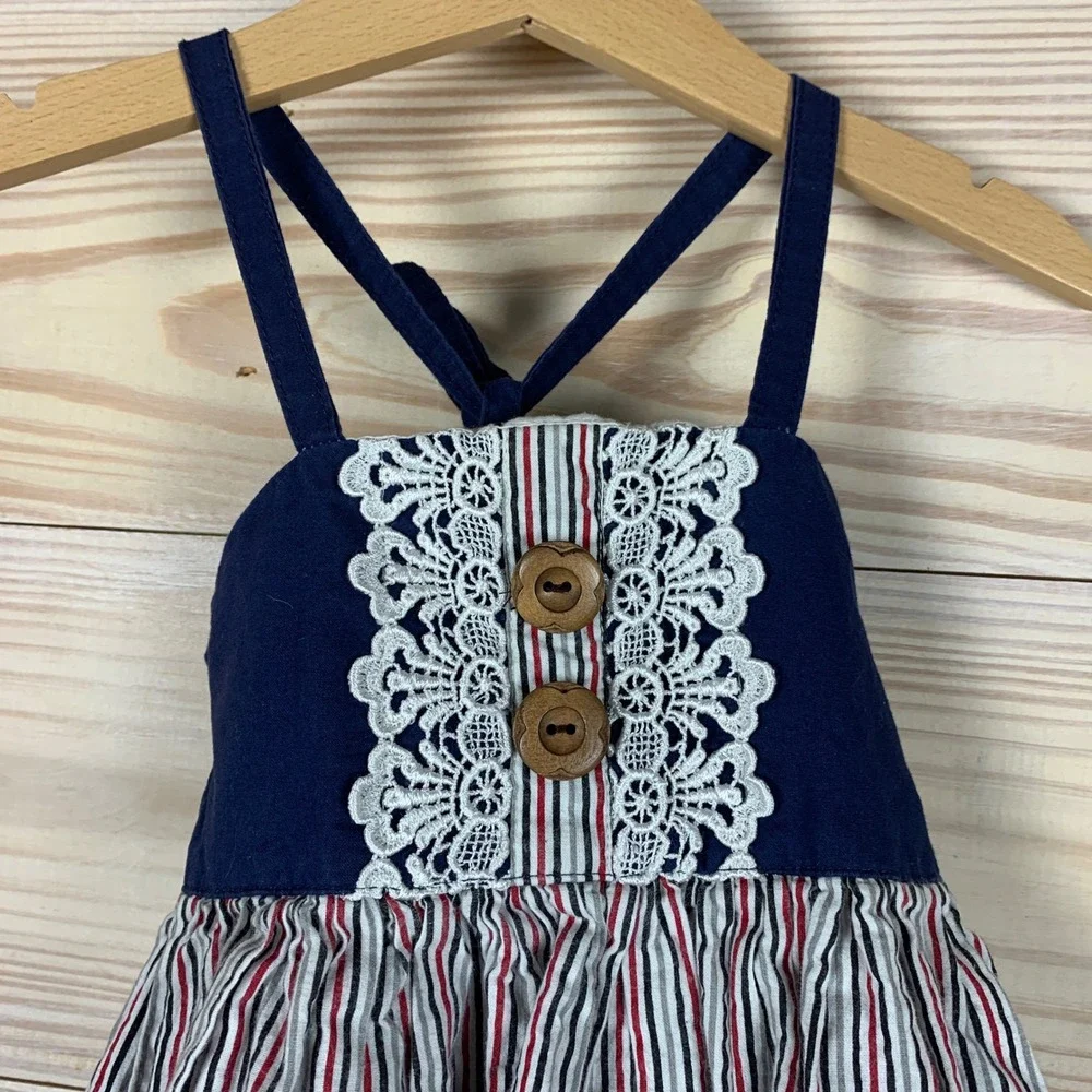 Kelly Lynn Boutique Dress Girls 18M-2T Navy Blue Striped Lace Ruffle Americana